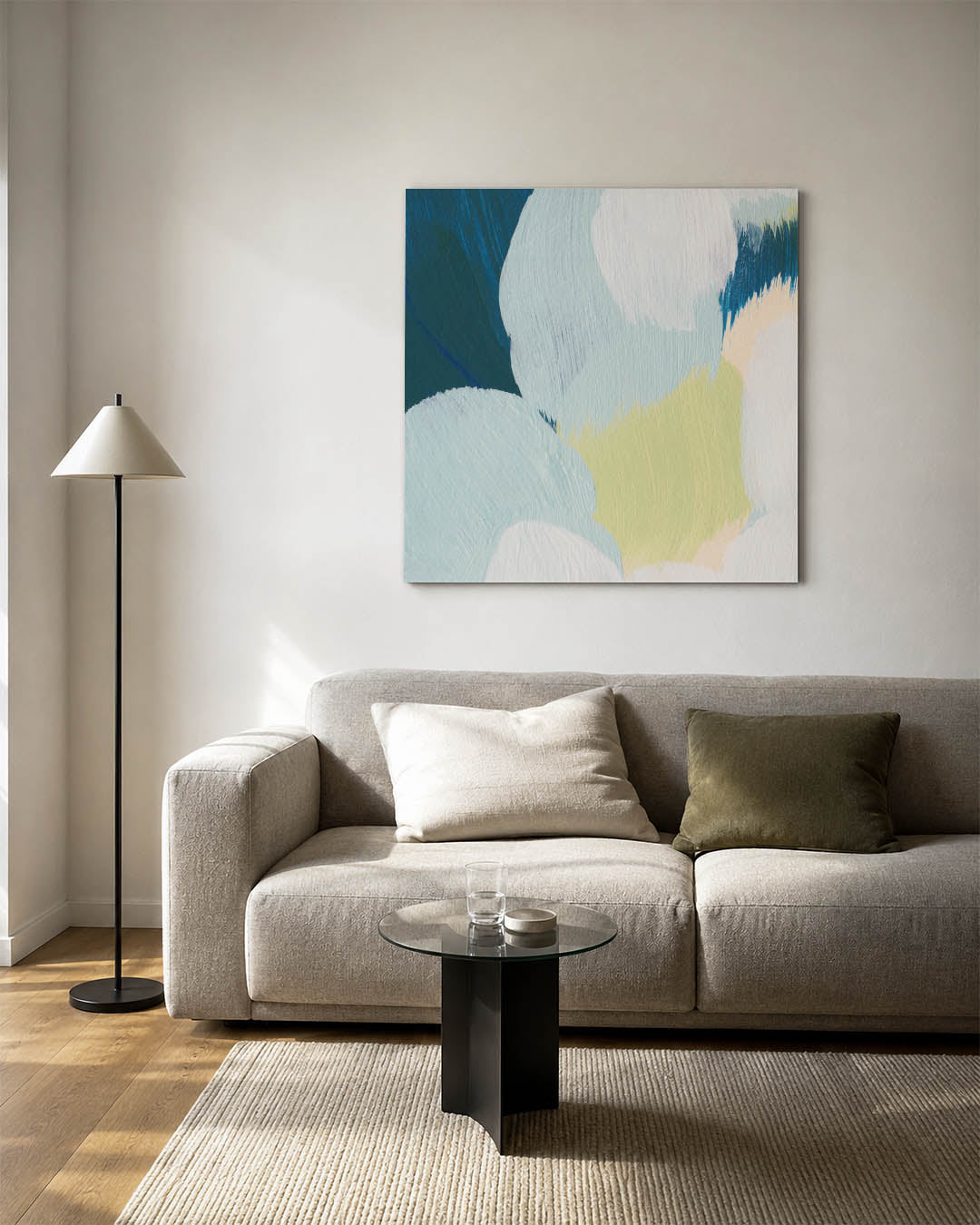 Kleurencompositie kunstwerk – detailweergave – dit werk toont een dynamisch spel van vloeiende vormen en zachte kleuren, met