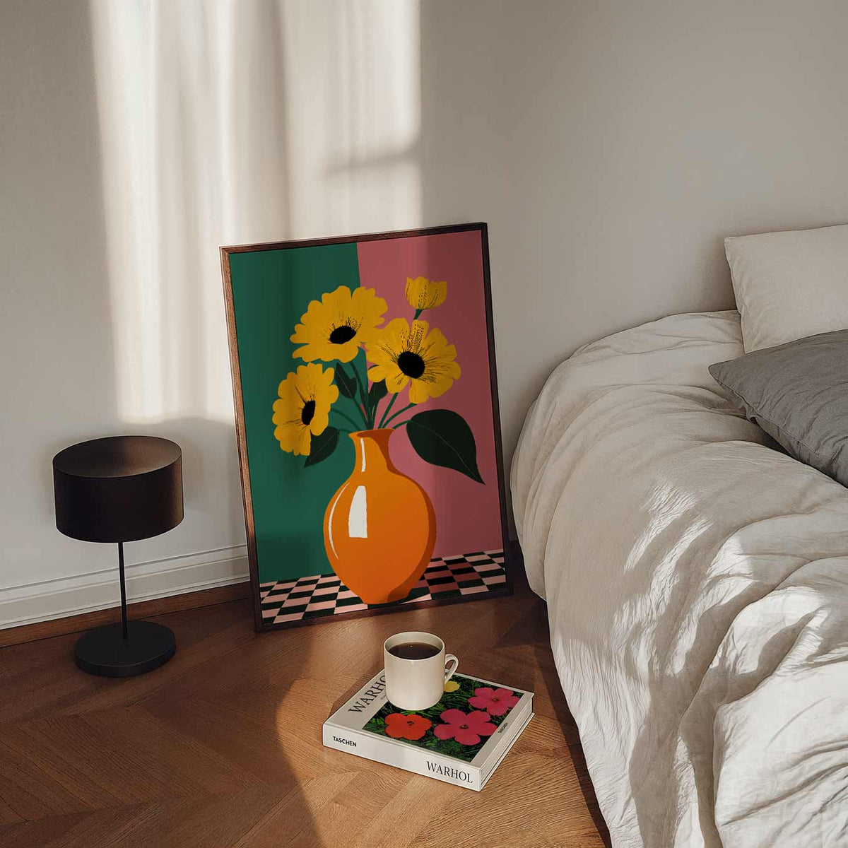 Bloemenpracht in Oranje Vaas – staande bloemen wanddecoratie van WallArtistic