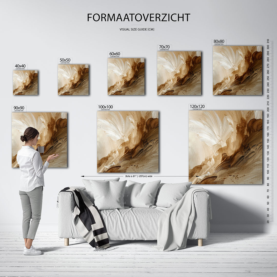 Organische borstelslag kunstwerk – materiaalweergave – dit kunstwerk toont vloeiende lijnen en zachte overgangen in beige en