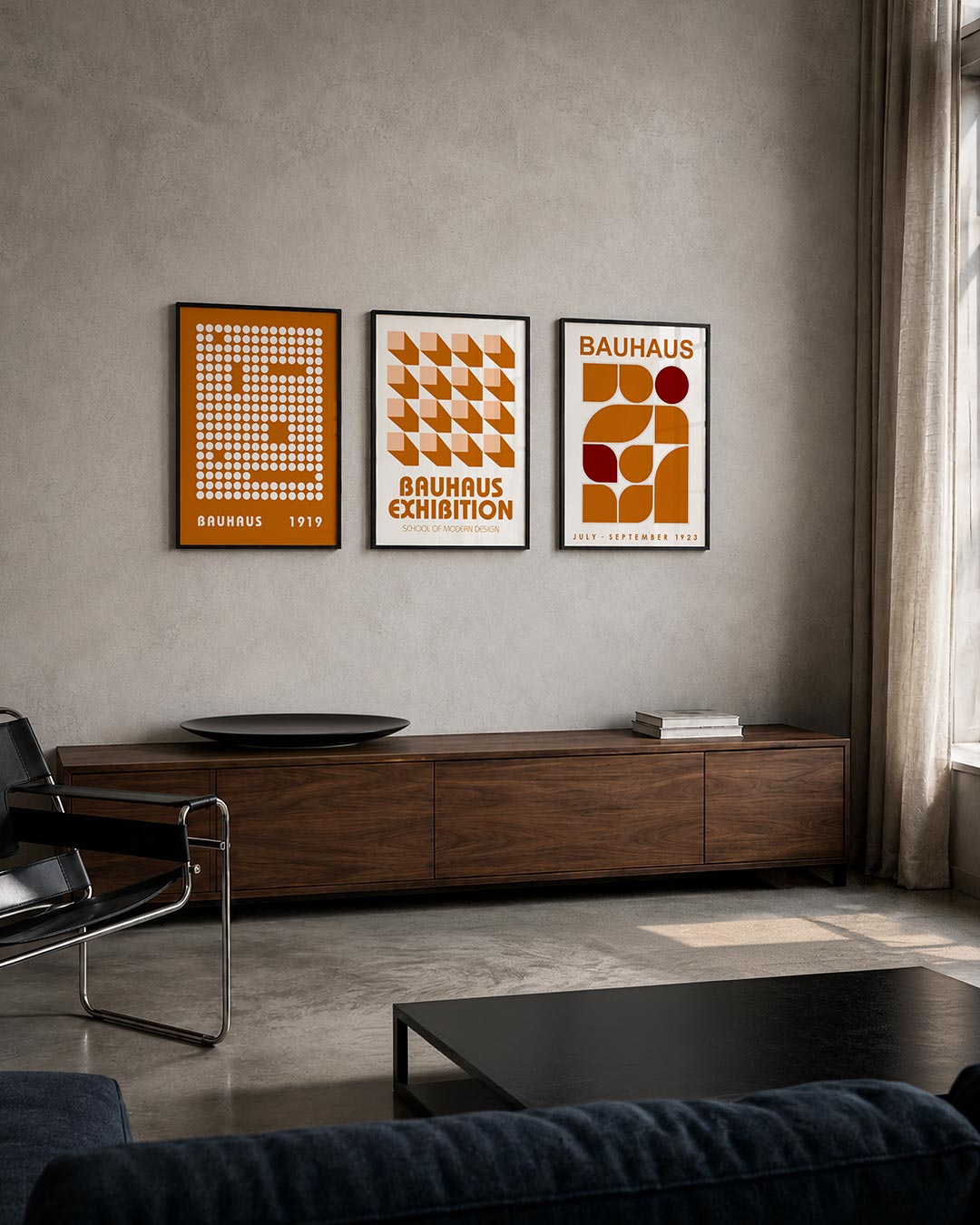 Cirkelpatroon posterset – tweede productweergave – een ordening van witte cirkels op een oranje achtergrond. De cirkels