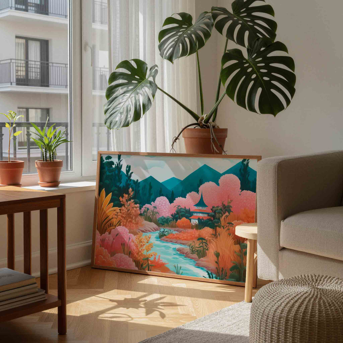 Landschap met rivier en pagode – moderne wandkunst als landscape poster