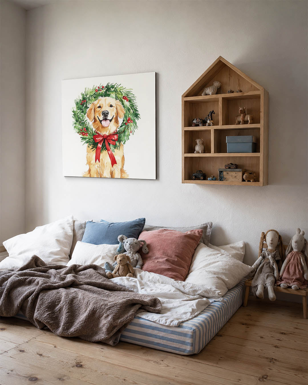 Hond met kerstkrans kunstwerk – derde productweergave – een vrolijke hond met een groene krans en rode bessen. De krans is