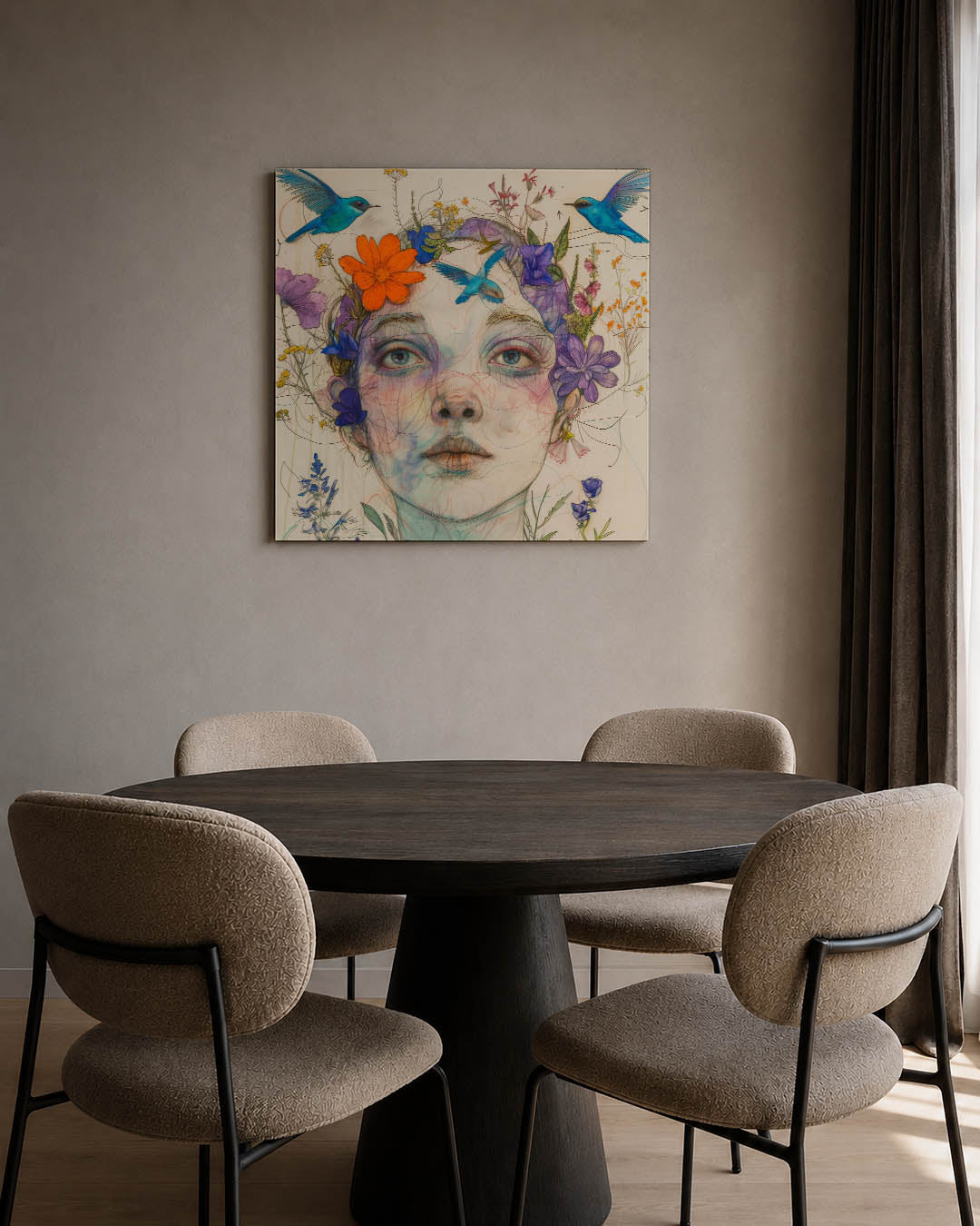 Dromerige bloemenportret kunstwerk – tweede productweergave – dit kunstwerk toont een vrouwelijk gezicht omringd door