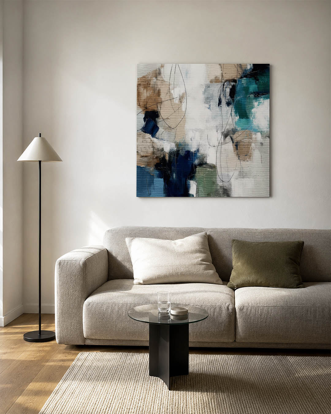 Dynamische kleurencompositie kunstwerk – vierkante wanddecoratie – dit kunstwerk toont een levendige mix van blauwe, beige en