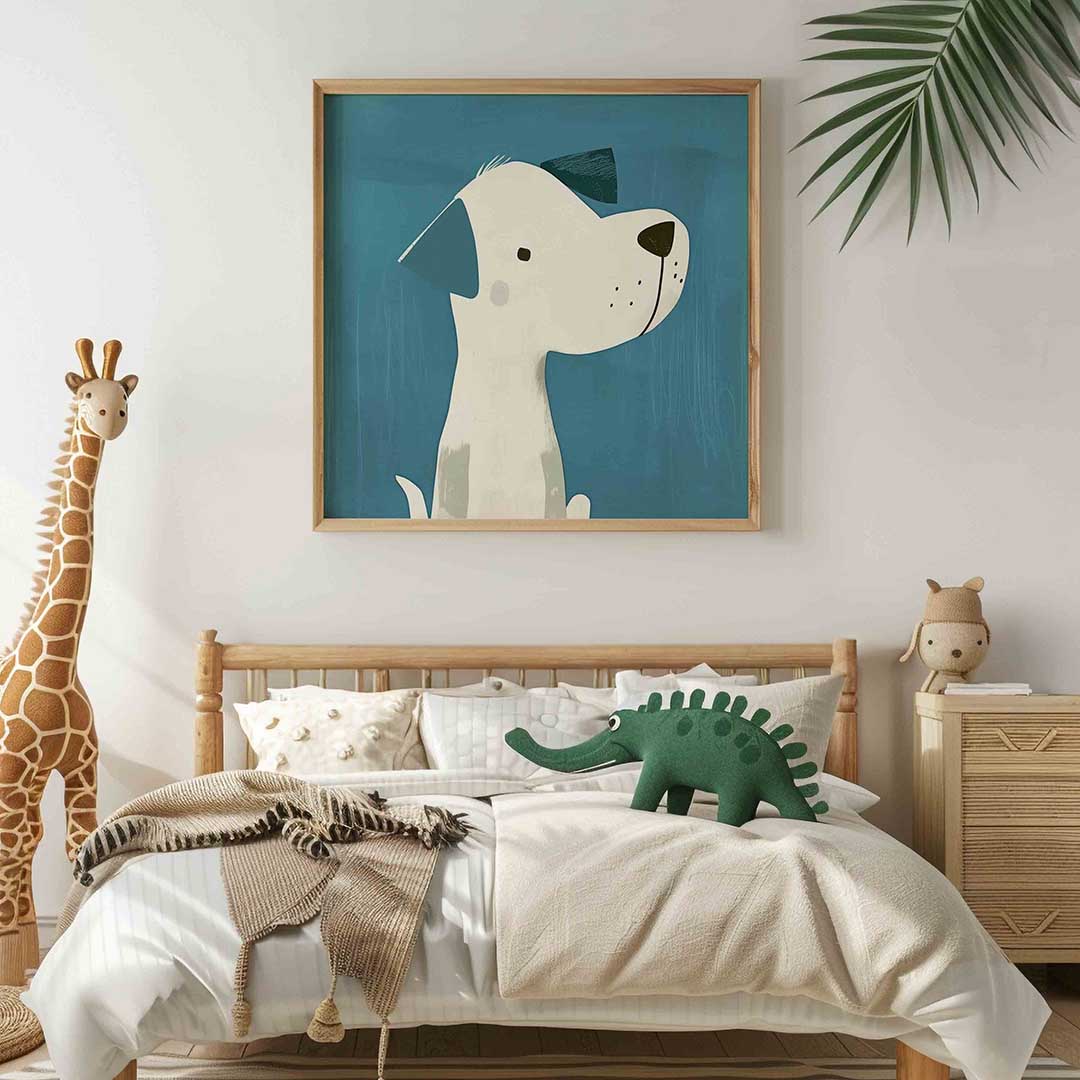Hond met blauwe achtergrond – vierkante kinderkamer wanddecoratie van WallArtistic