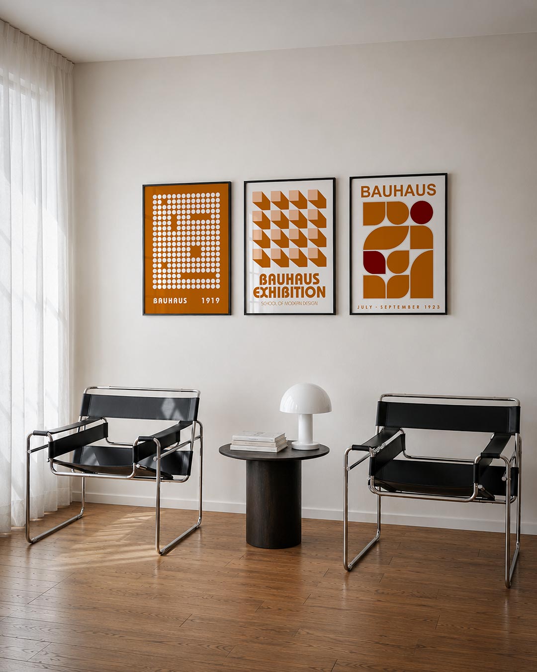 Cirkelpatroon driedelige posterset – een ordening van witte cirkels op een oranje achtergrond. De cirkels vormen een patroon