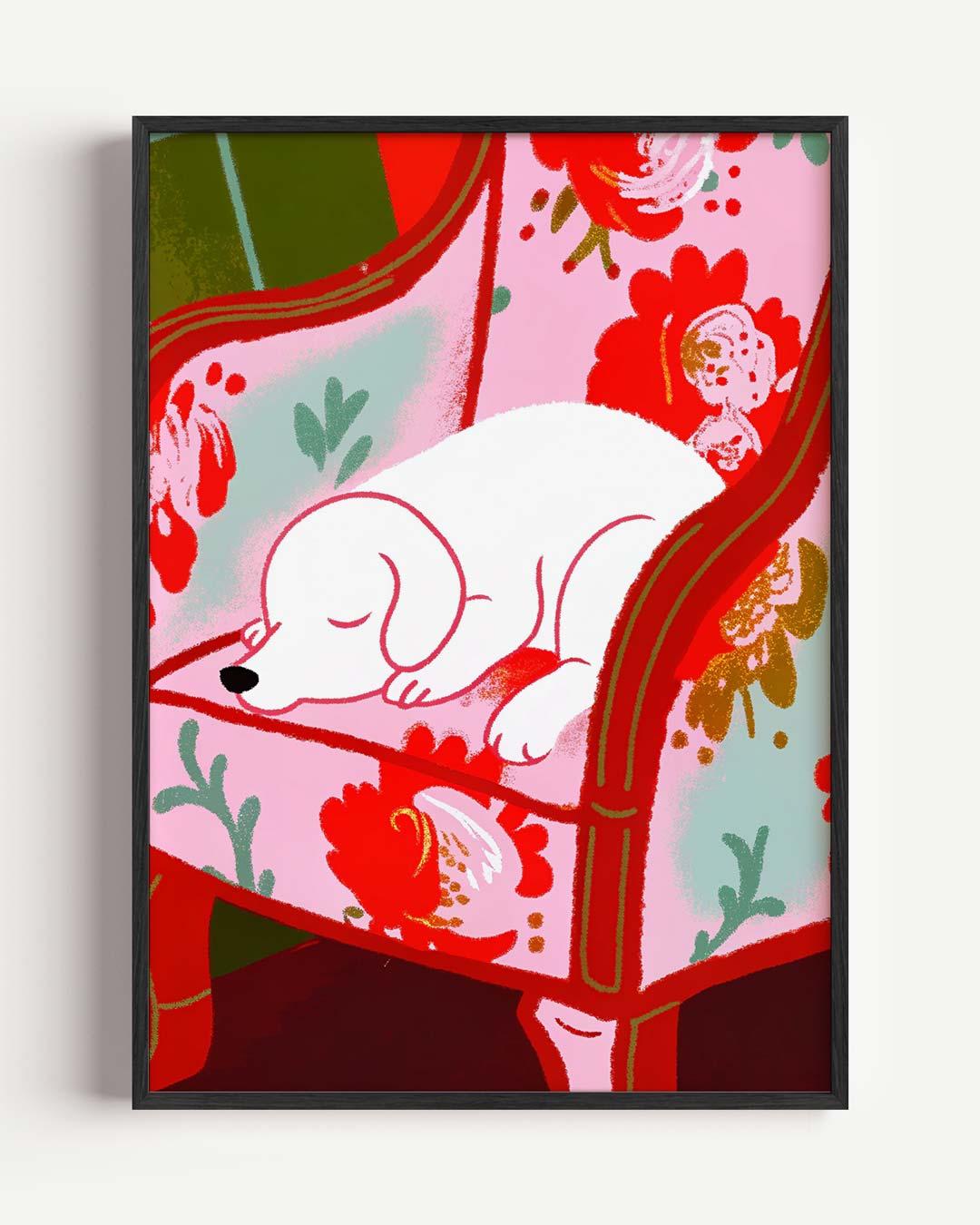 Cozy Hond op Bloemenstoel – dieren portret poster als wanddecoratie