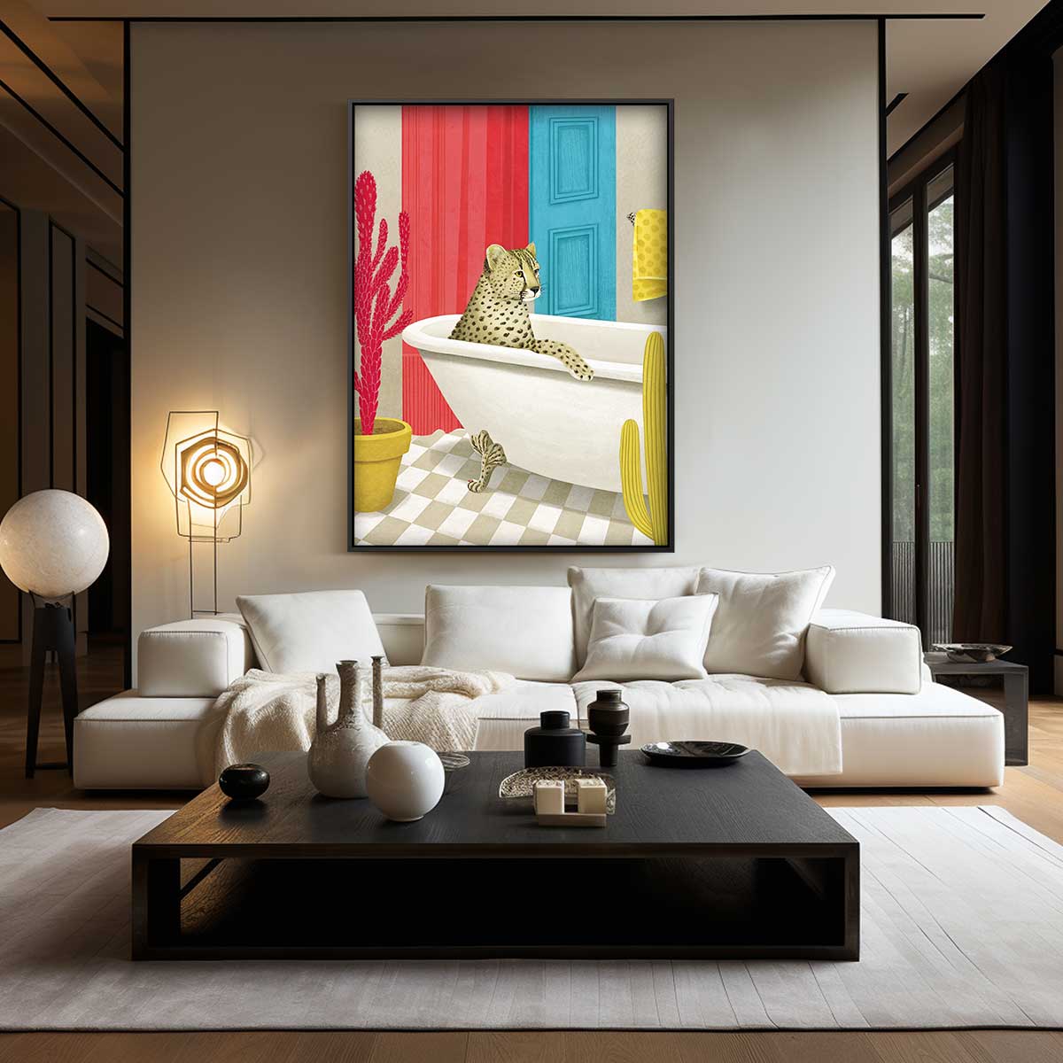 Luierende Luipaard in Stijlvol Bad – staand kunstwerk voor modern interieur