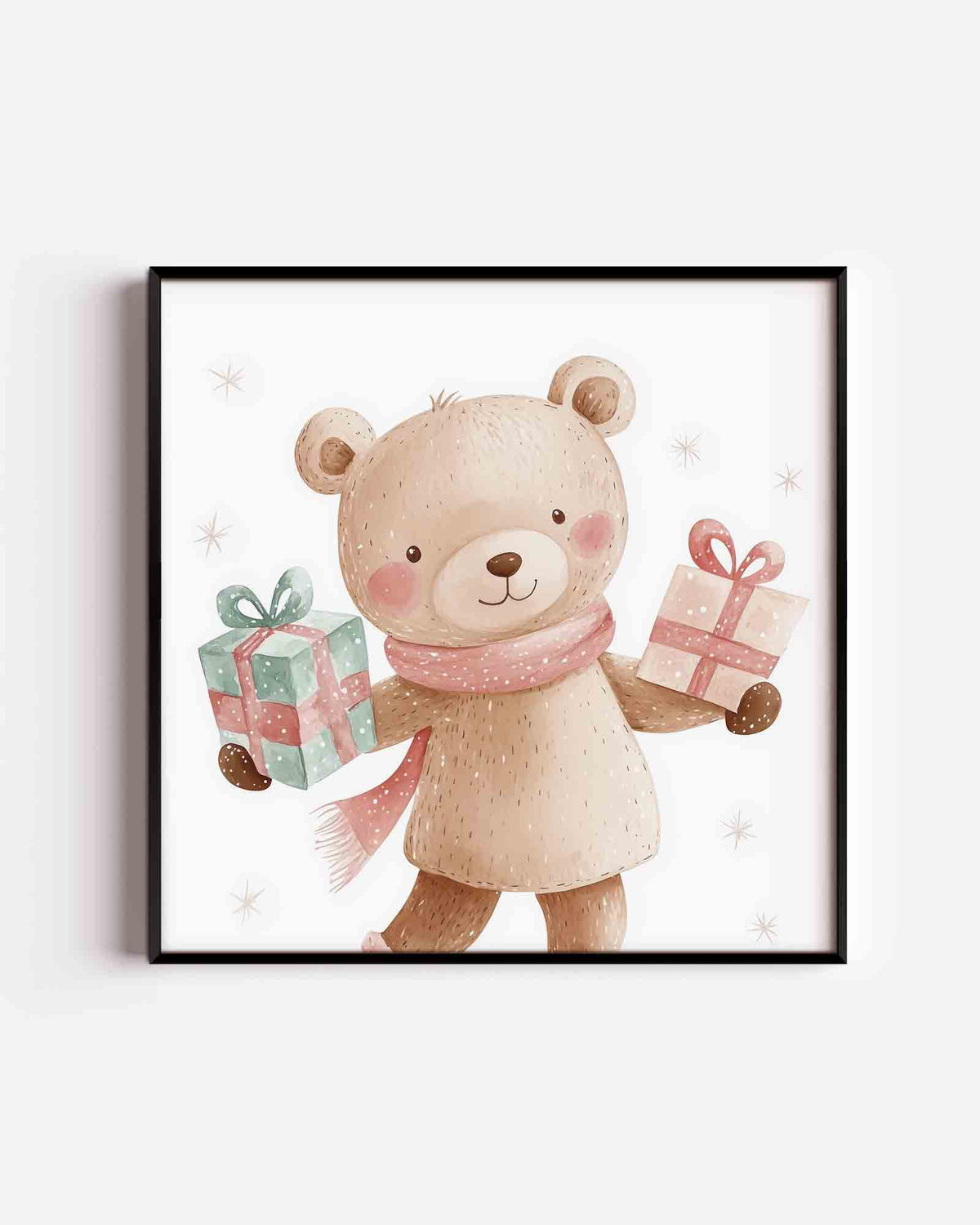 Beer met cadeaus – vierkante kinderposter als wanddecoratie