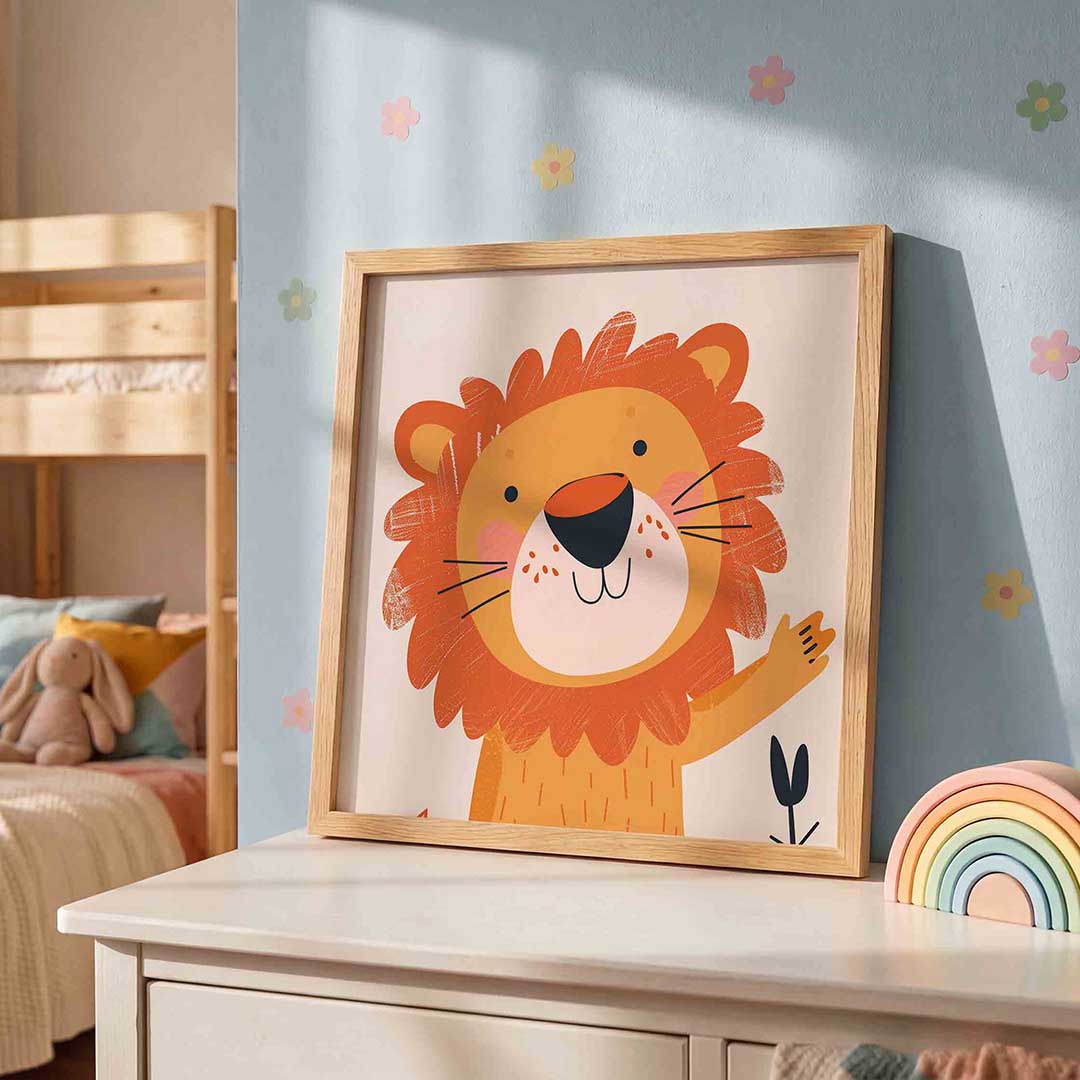 Lachende leeuw – speelse wandkunst als vierkante kinderposter
