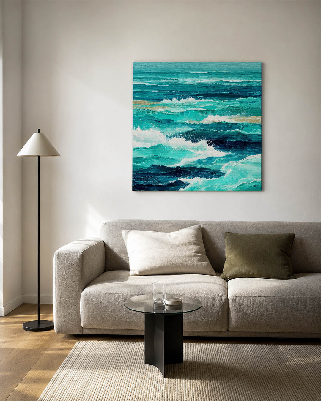 Dynamische zee kunstwerk – vierkante wanddecoratie – dit werk toont een levendige zee met golven in verschillende tinten