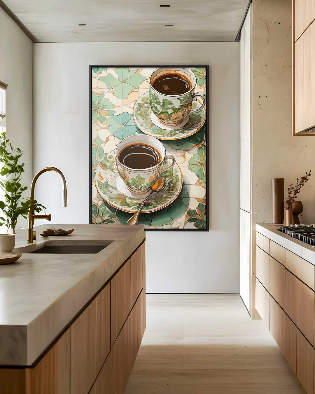 Vintage Theekopjes op Mozaïek – staand kunstwerk voor modern interieur