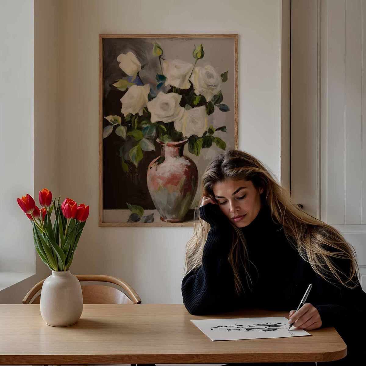 Elegante Witte Rozen – bloemen poster als moderne staande wanddecoratie
