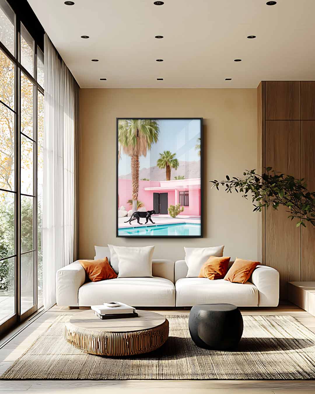 Zwervende Panter bij Roze Oase – plexiglas wanddecoratie in portret formaat