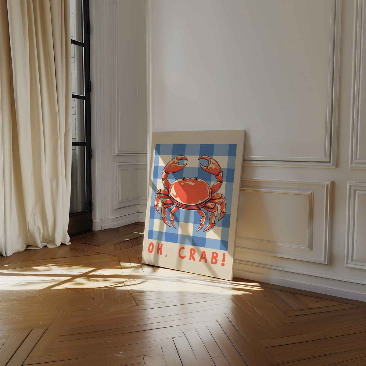 Oh Crab! Speelse Krab Illustratie – staand kunstwerk voor modern interieur