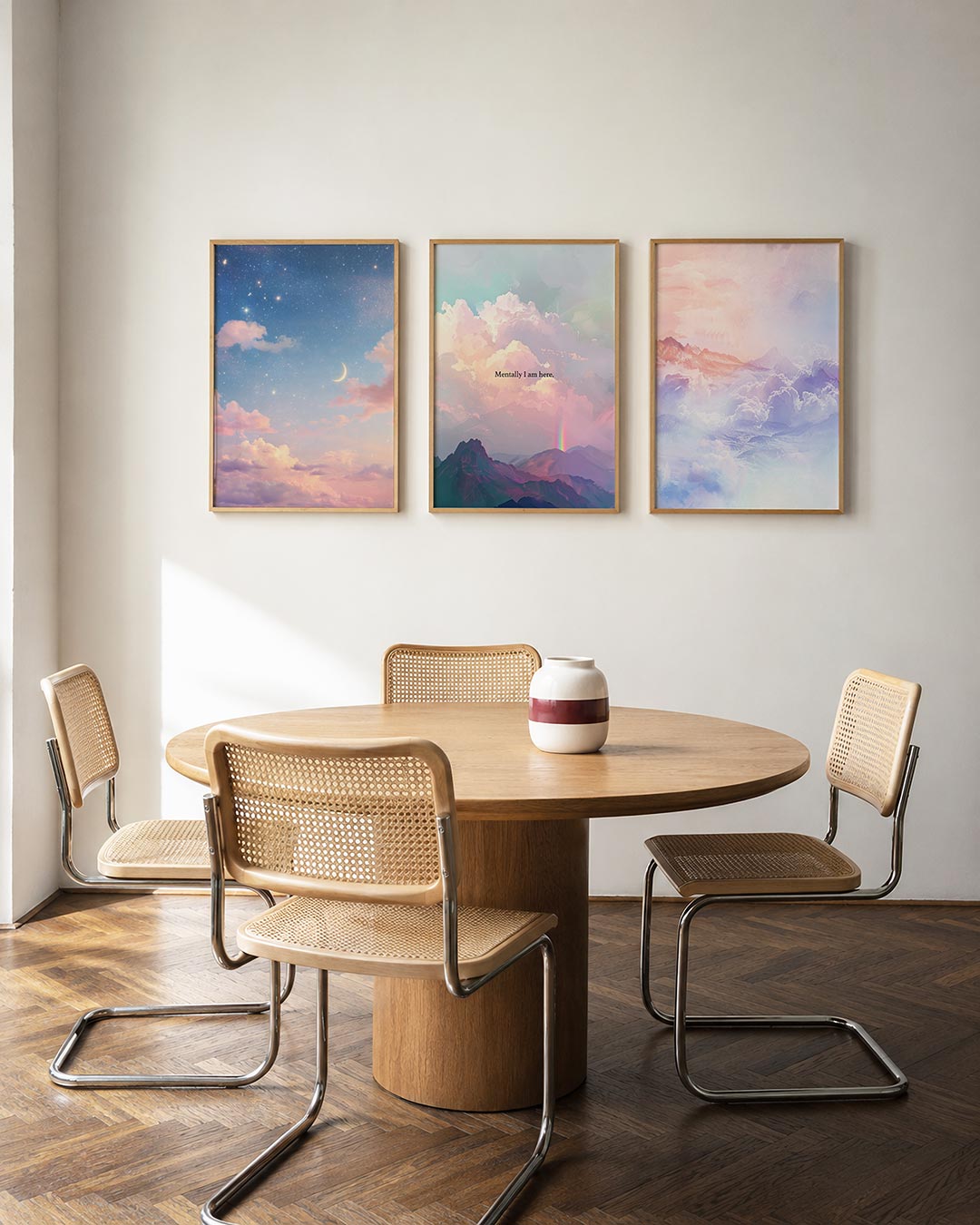 Hemelse kleurenpracht driedelige posterset in interieur