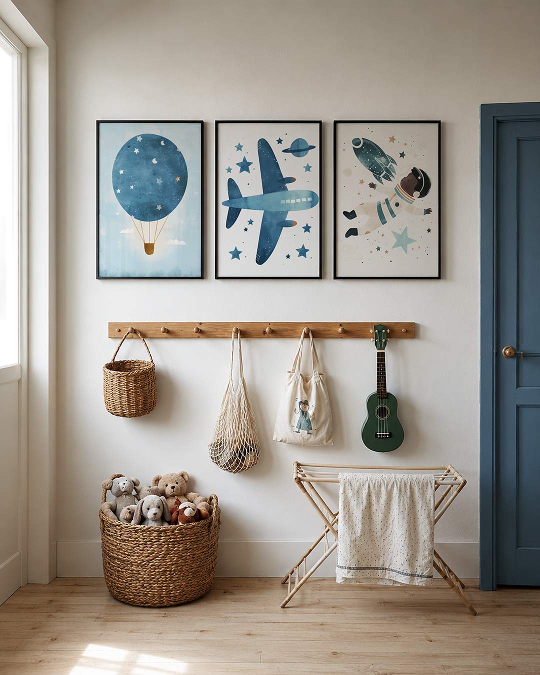 Ruimteavontuur illustratie posterset – detailweergave – een vrolijke astronaut zweeft tussen sterren en planeten