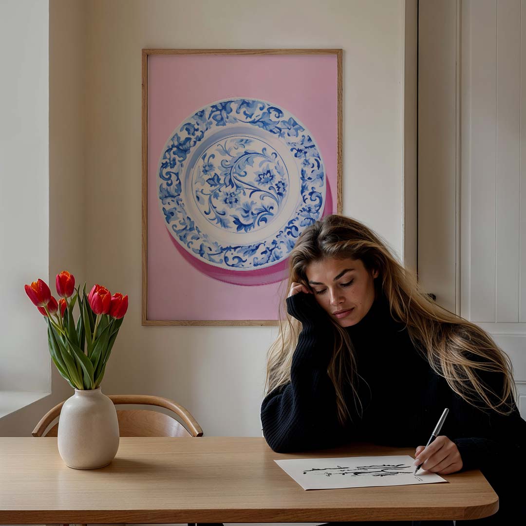 Elegant Blue Floral Plate – culinaire wandkunst als portret poster