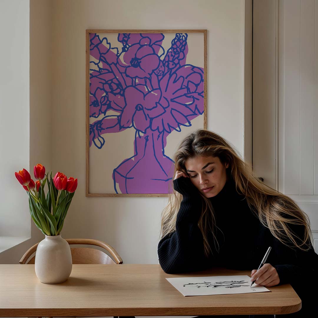 Vrolijke Bloemenpracht in Paars – culinaire wandkunst als portret poster