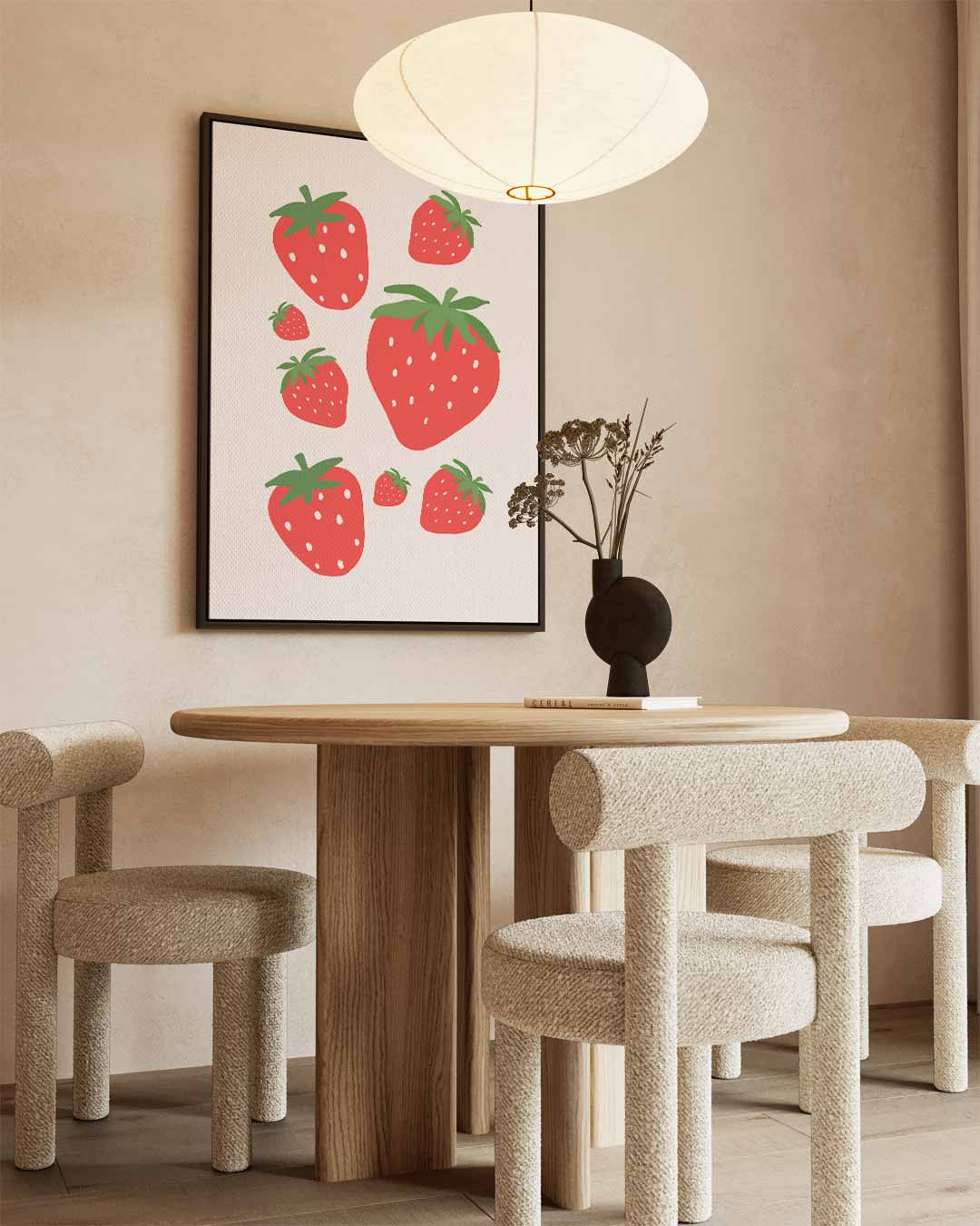Speelse Aardbeien Illustratie – canvas wanddecoratie in portret formaat