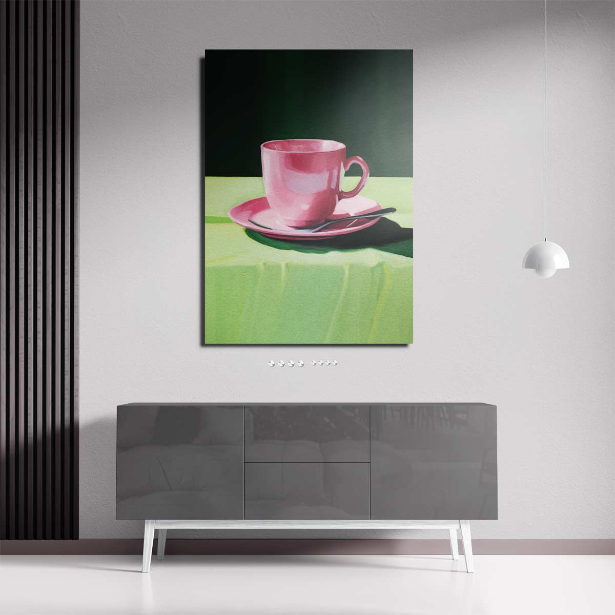 Roze Kopje op Groen Tafellaken – staande wandkunst voor woonkamer of interieur