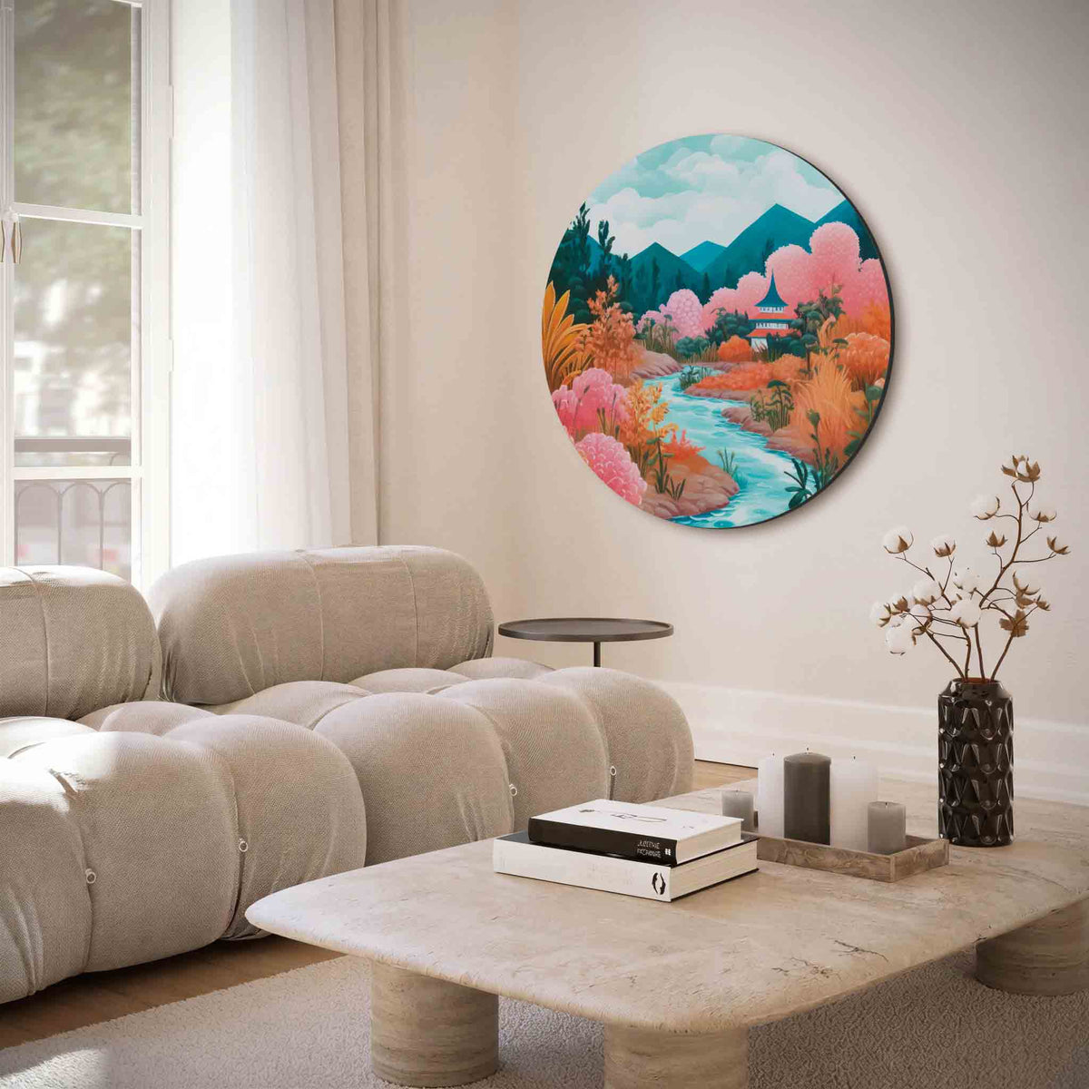 Landschap met rivier – illustratie muurcirkel als ronde muurdecoratie
