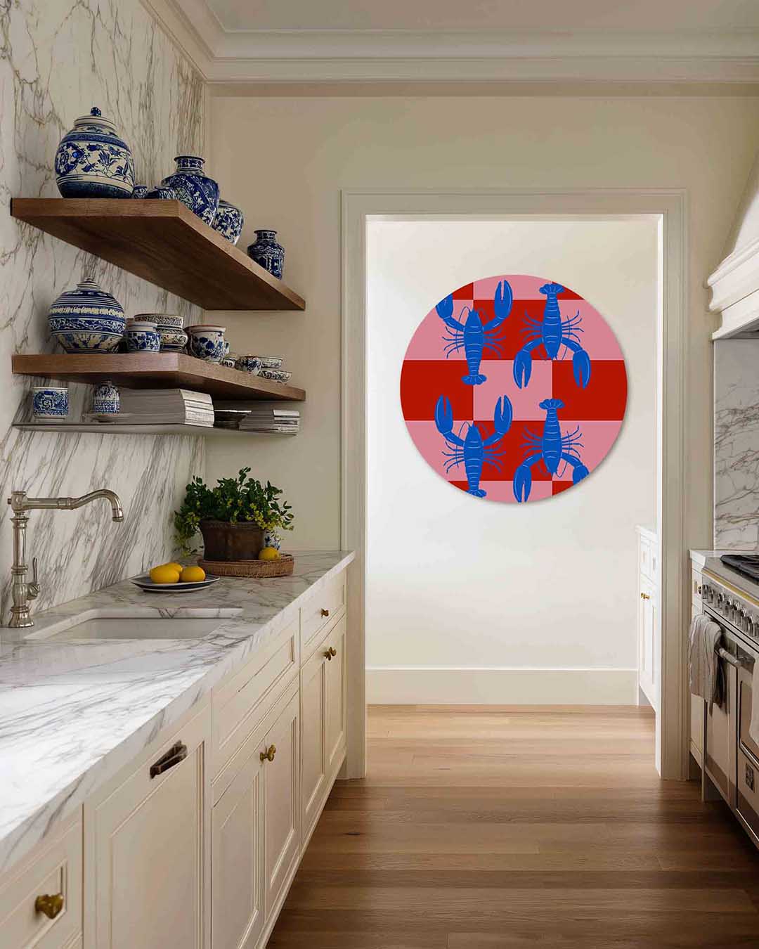 Kreeften op geruite – kleurrijke Pop Art muurcirkel voor aan de muur
