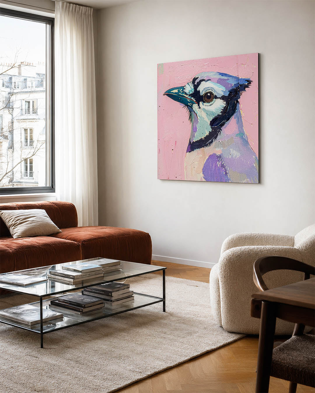 Vogelsilhouet in pastel kunstwerk – vierkante wanddecoratie – dit werk toont een vogel met gedetailleerde penseelstreken in