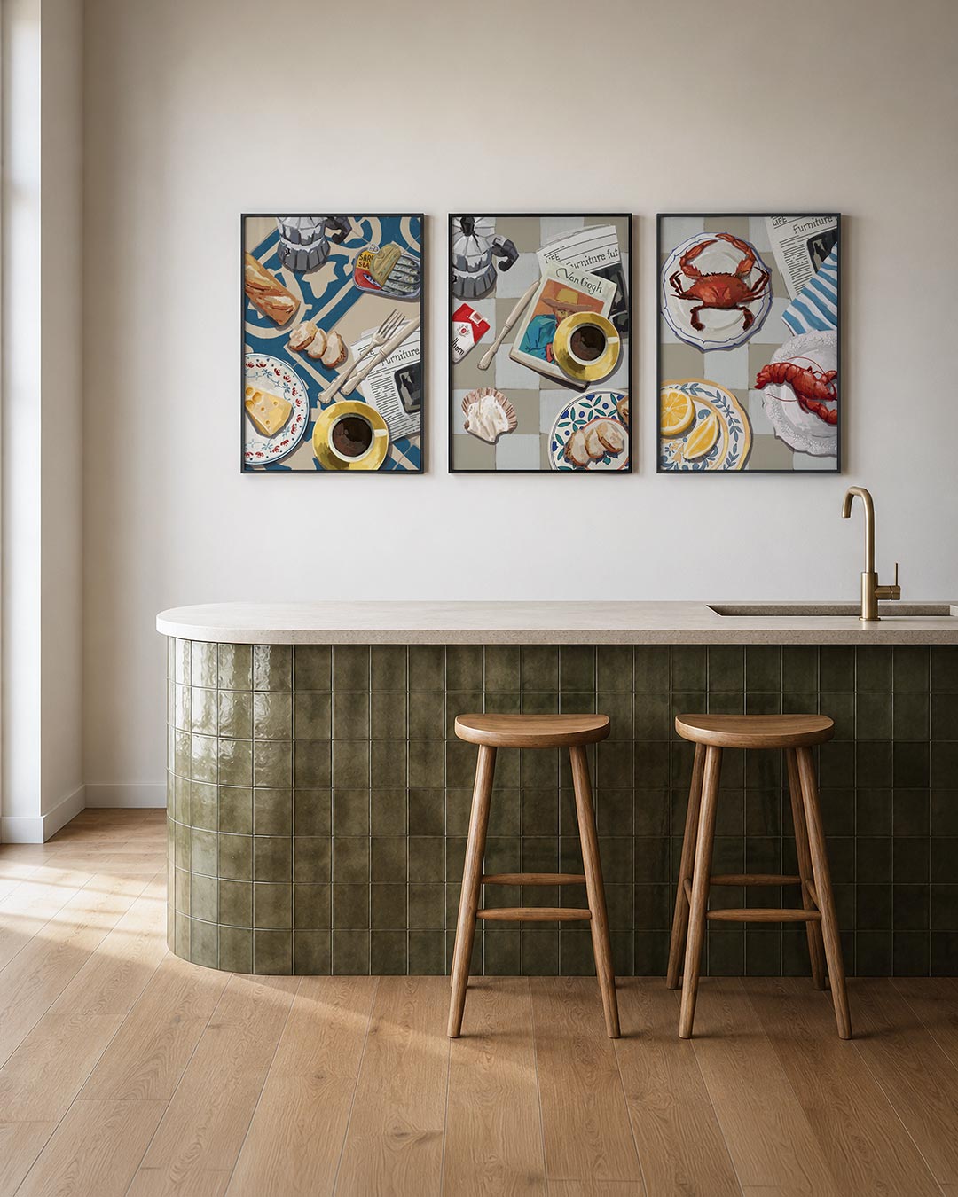 Ontbijt en patronen posterset – tweede productweergave – een tafel vol ontbijtitems: koffie, brood, kaas en sardines