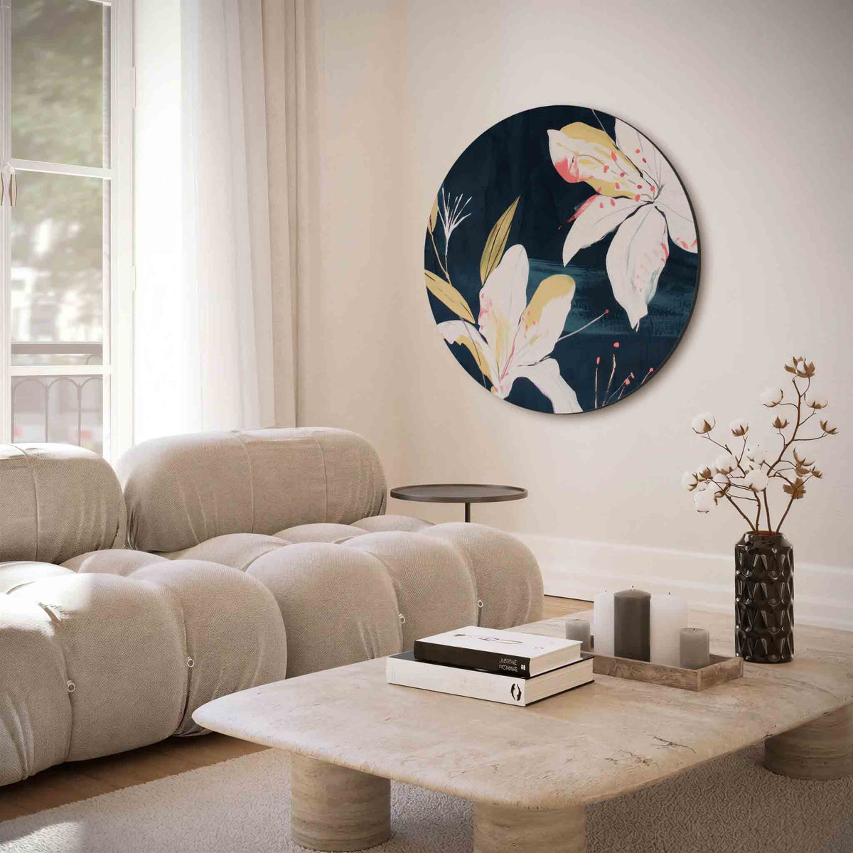 Witte bloemen – muurcirkel met abstracte texturen voor aan de muur