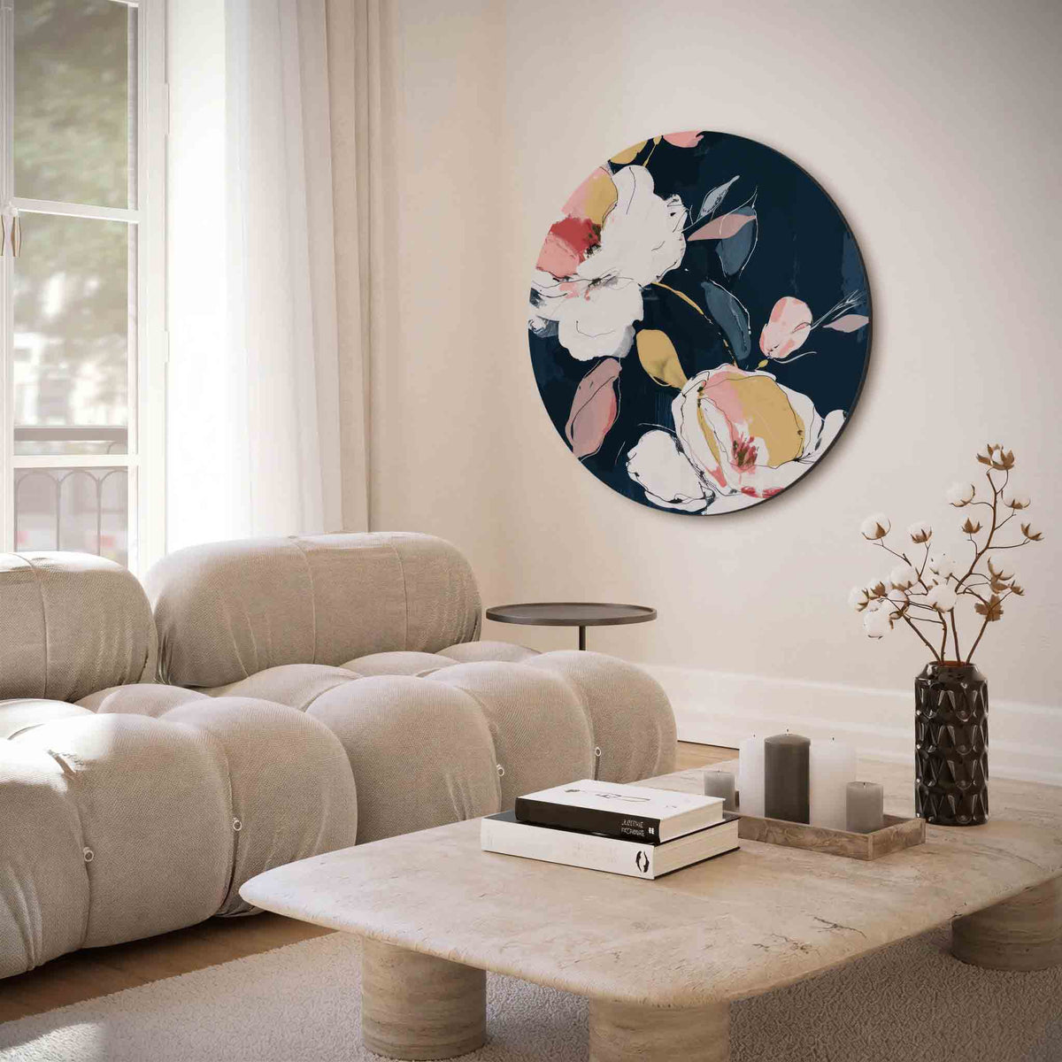 Bloemen op donkere achtergrond – muurcirkel met abstracte texturen voor aan de muur