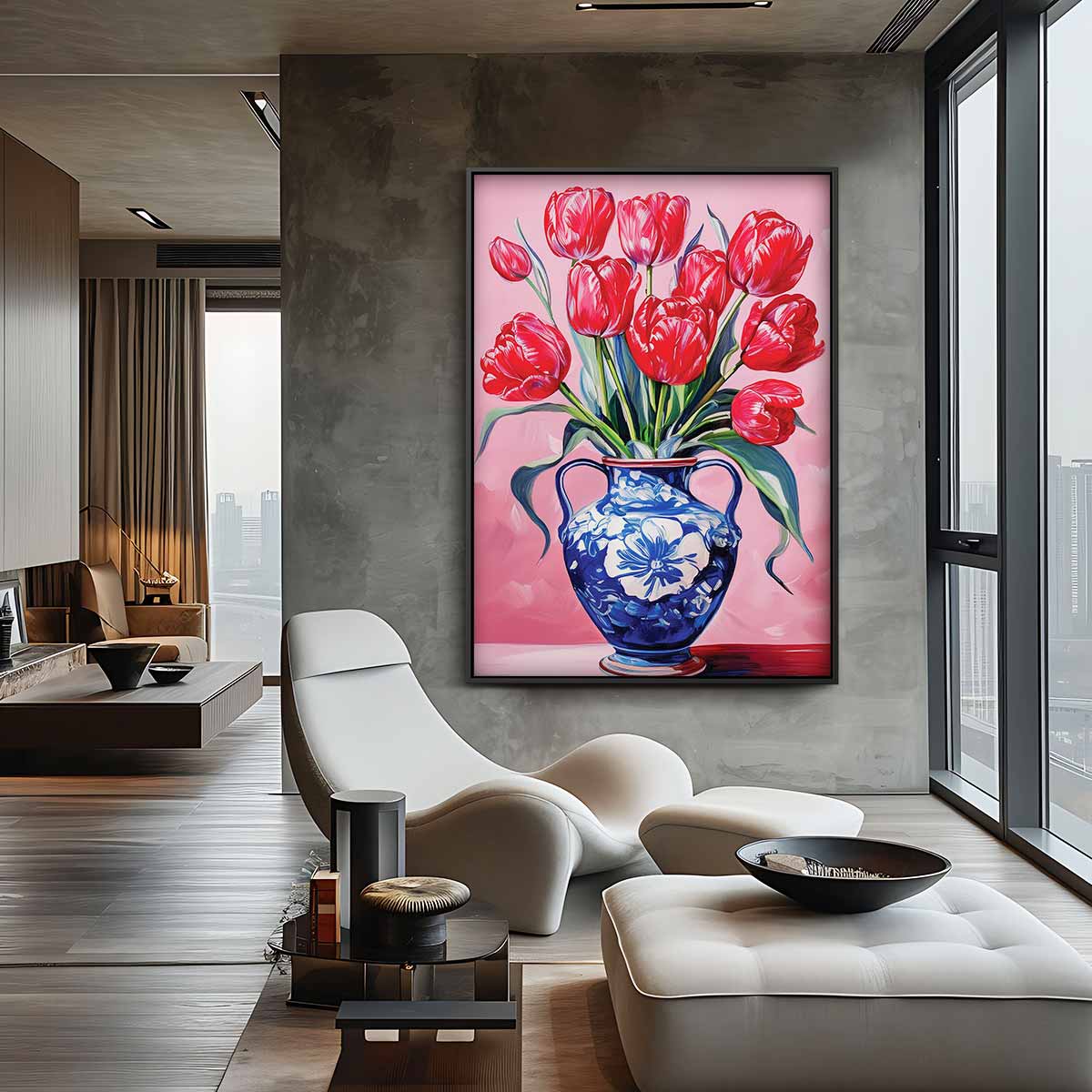 Rode tulpen in blauwe vaas – canvas wanddecoratie in portret formaat