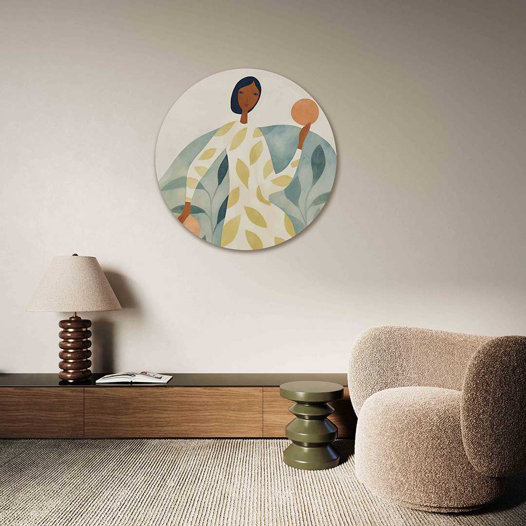 Vrouw met bladeren – vrouwelijk portret muurcirkel als wanddecoratie