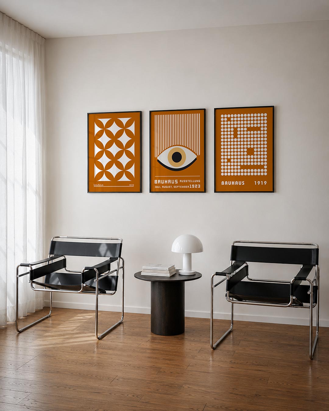 Vormritme en kleur driedelige posterset – deze posterset in drie delen toont een herhalend patroon van overlappende oranje