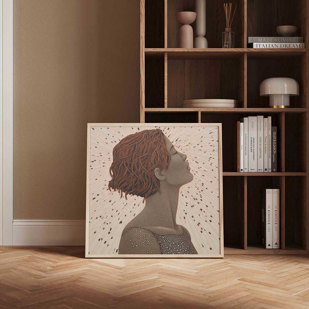 Profiel van vrouw met kort haar – kleurrijke vierkante wanddecoratie van WallArtistic