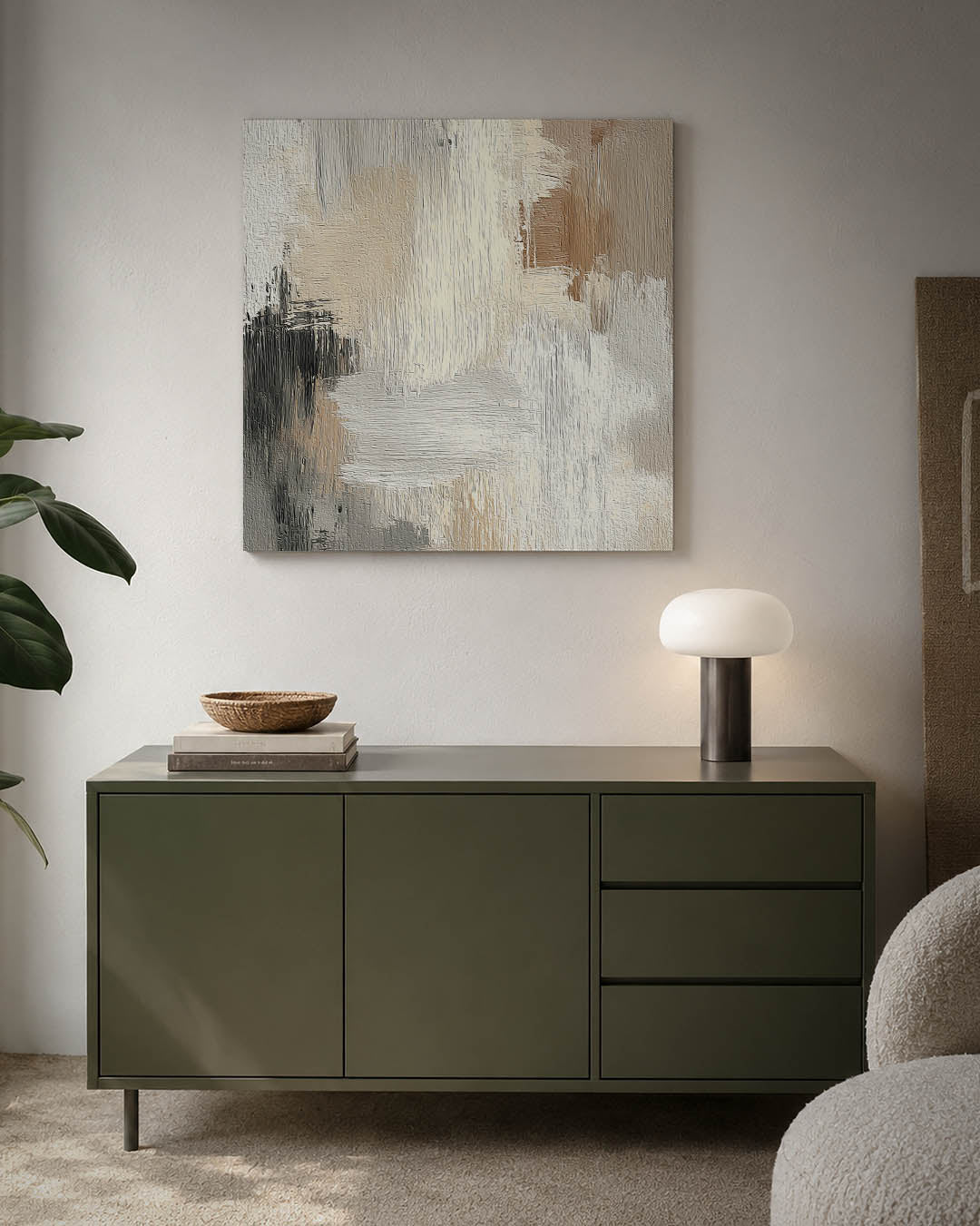 Zachte kleuren harmonie kunstwerk – detailweergave – dit werk toont een subtiele mix van beige, wit en grijs. De