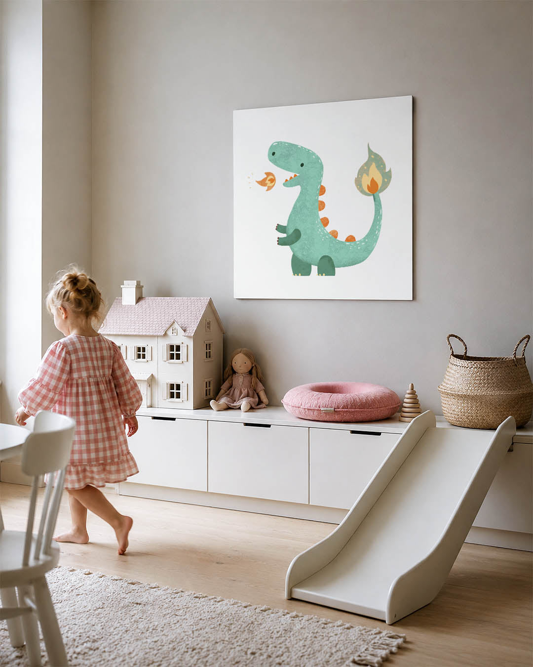 Speelse dinosaurus illustratie kunstwerk – tweede productweergave – dit werk toont een schattige dinosaurus met een speelse