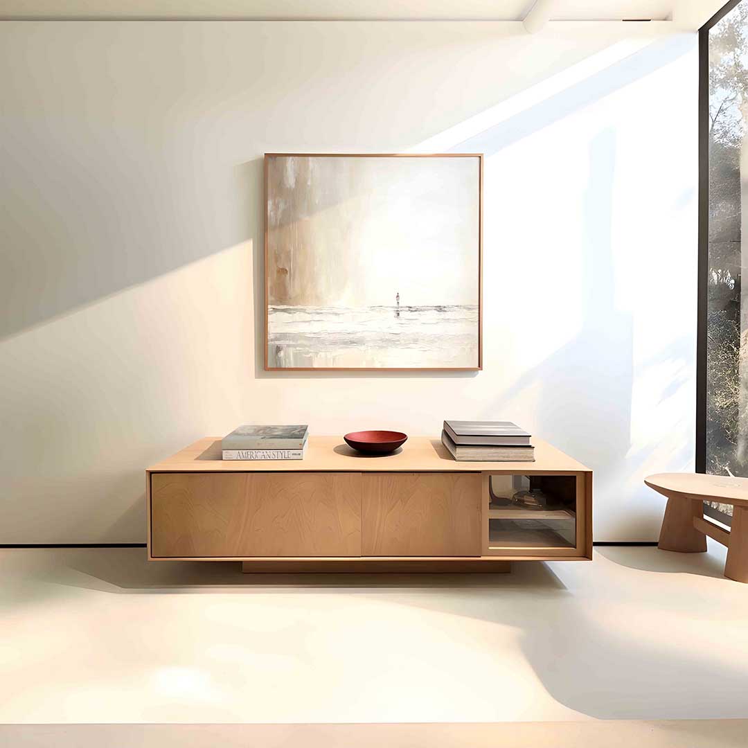 Figuur in beige landschap – vierkante abstracte wanddecoratie van WallArtistic