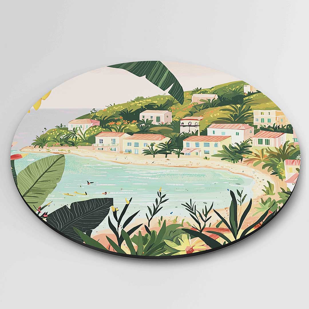 Tropische baai – moderne ronde wanddecoratie met vrouwelijk portret
