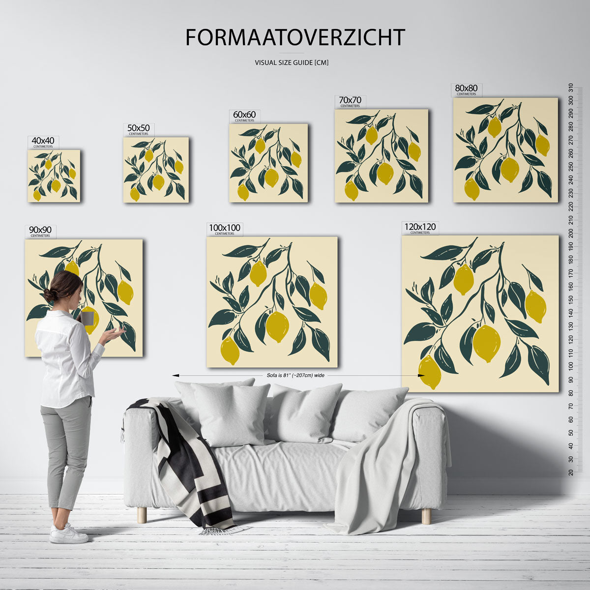 Citroen en bladeren – vierkante muurposter met kleurrijke vormen