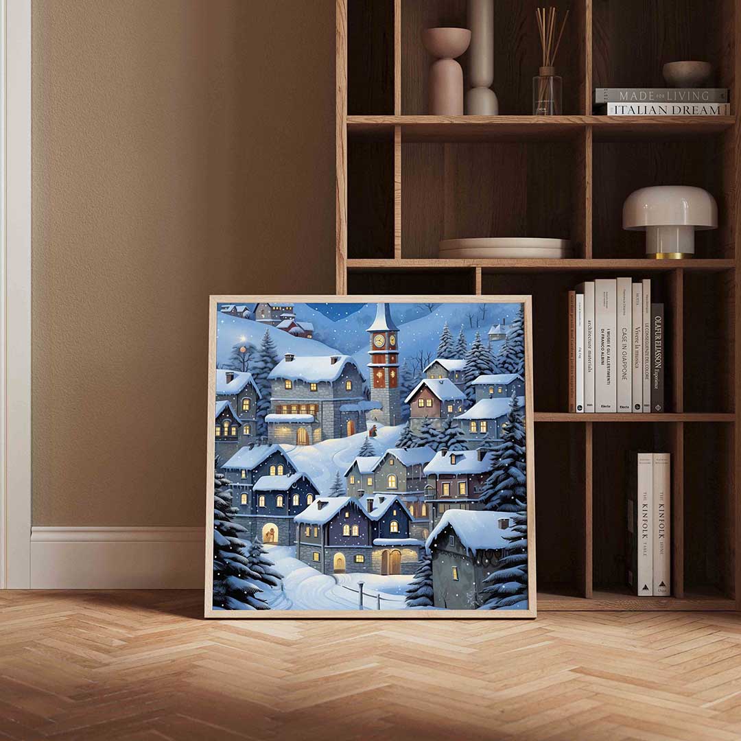 Winterdorp met sneeuw – kerstposter in vierkant formaat
