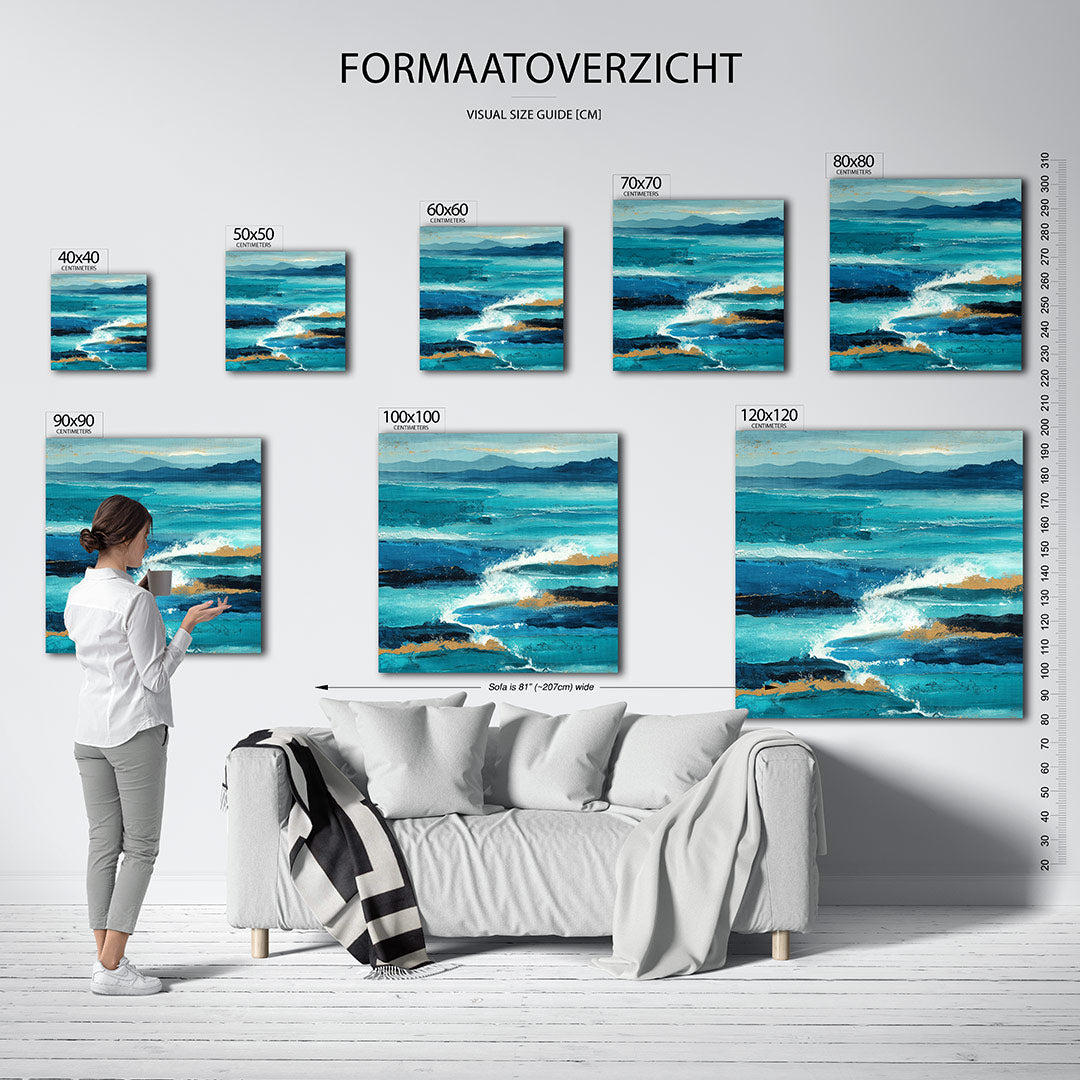 Dynamische zeegezichten kunstwerk – materiaalweergave – dit kunstwerk toont krachtige golven in levendige blauwtinten
