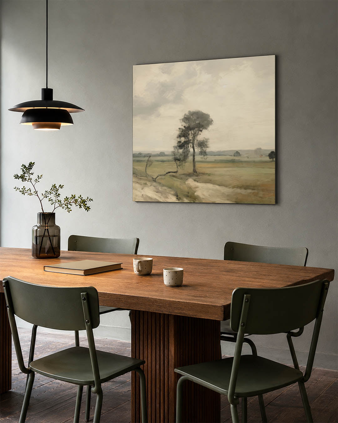 Rustig landschap kunstwerk – tweede productweergave – een weergave van een landschap met een eenzame boom, zachte wolken en