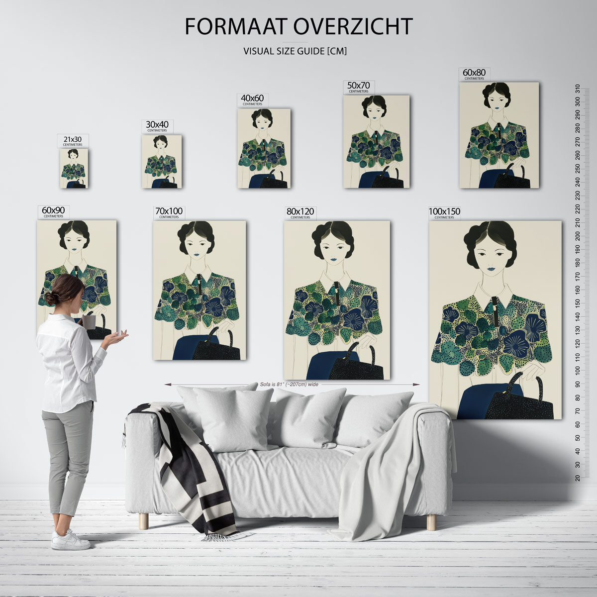 Vrouw met bloemenblouse – staande muurposter voor een modern interieur