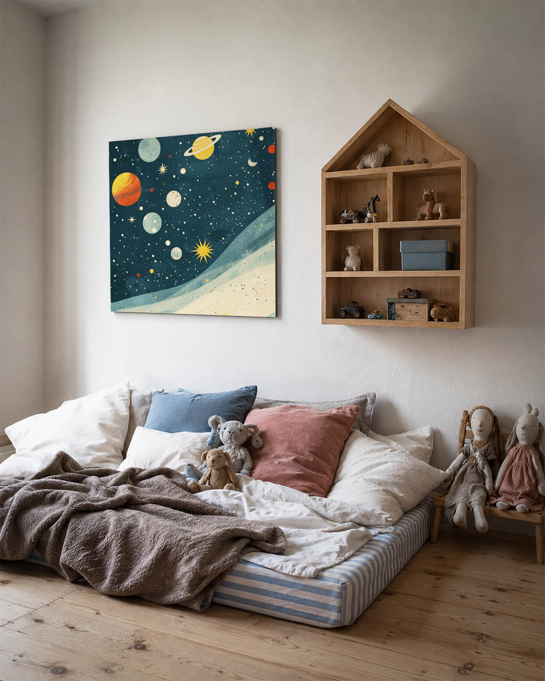 Kosmische vormen kunstwerk – derde productweergave – dit kunstwerk toont een levendig universum met planeten en sterren
