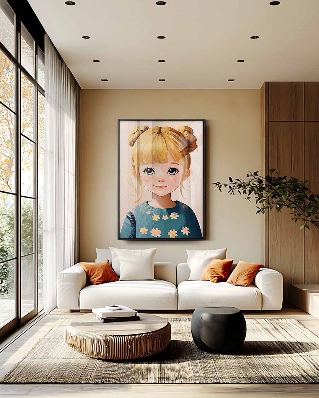 Dromerig Meisje met Bloemen – staand kunstwerk voor modern interieur