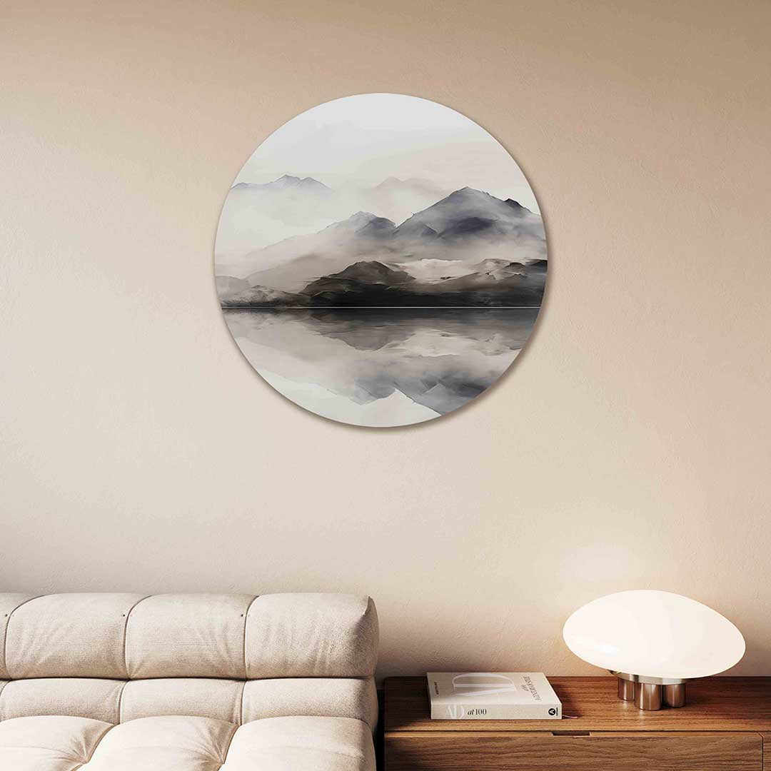 Berglandschap reflectie – kleurrijke Pop Art muurcirkel voor aan de muur