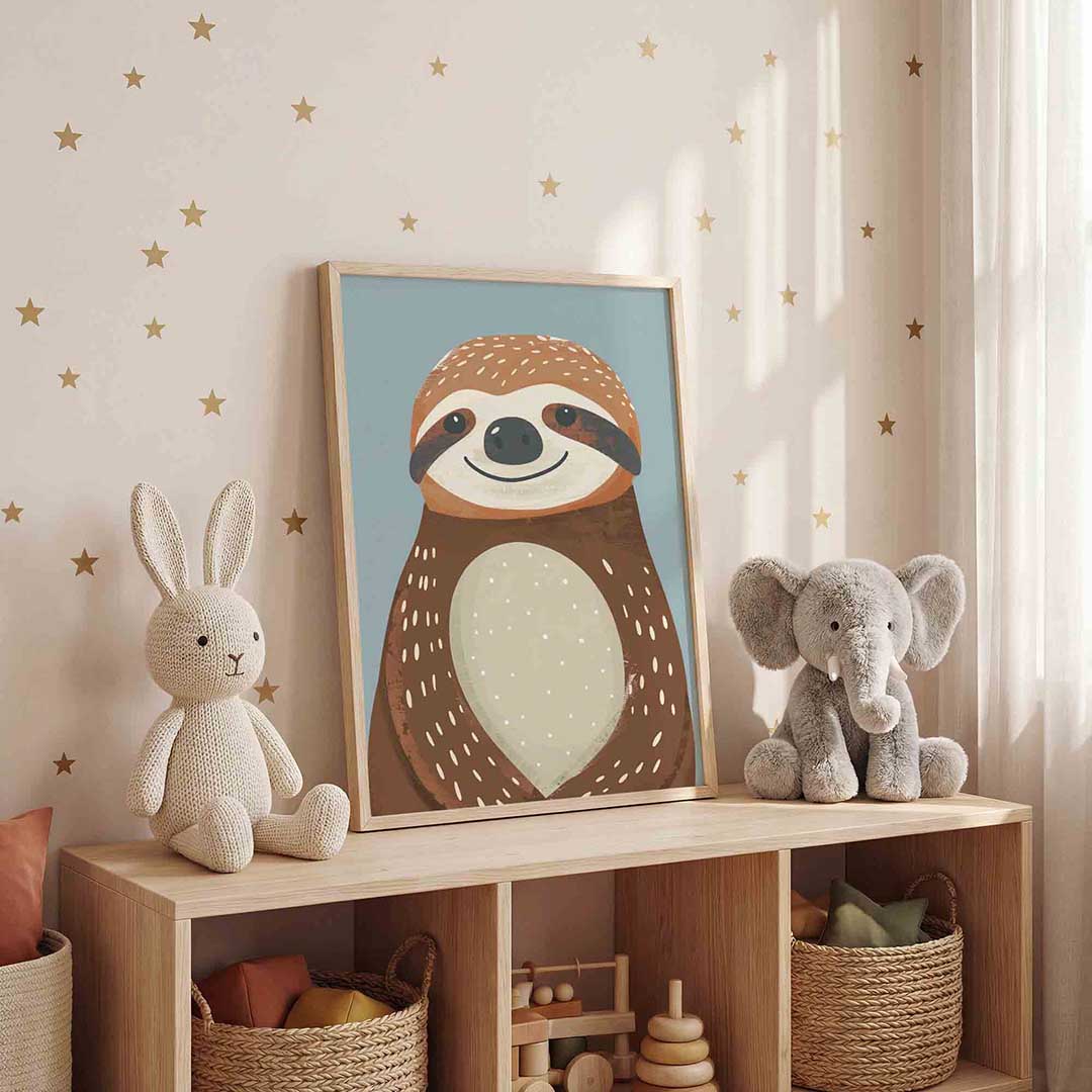 Lachende luiaard – staande kinderkamer wanddecoratie van WallArtistic