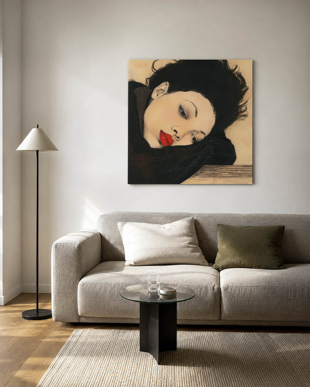 Dromerige vrouw kunstwerk – vierkante wanddecoratie – dit kunstwerk toont een vrouw met een serene uitdrukking, liggend op
