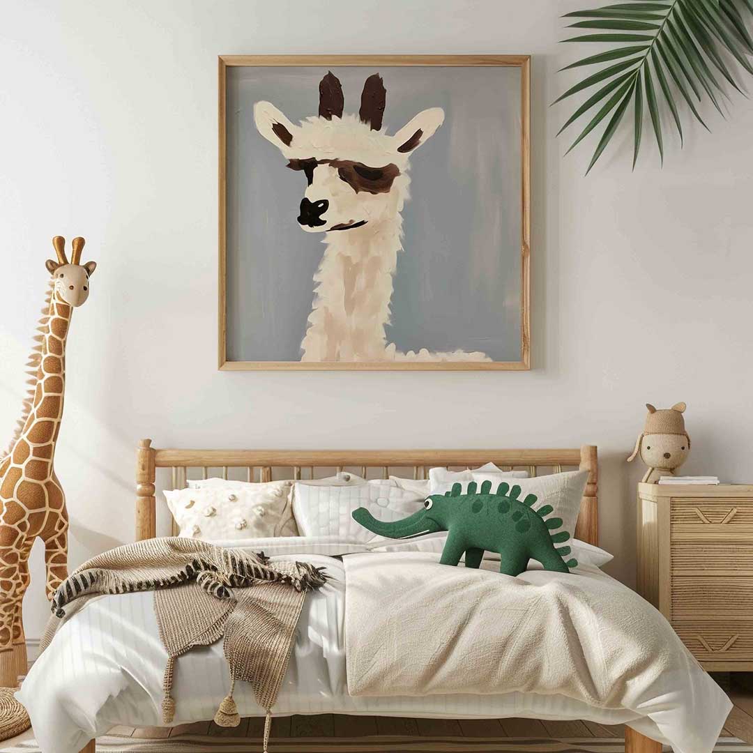 Alpaca portret – vierkante kinderkamer wanddecoratie van WallArtistic